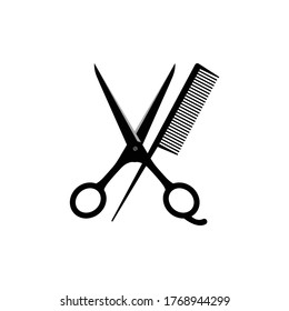 Scissors, Comb Black Silhouette Sign on white. Isolated hair salon icon.