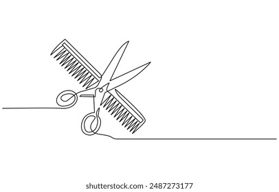 Icono de negocio de tijeras y peines. Dibujo continuo de líneas finas. Ilustración vectorial, Tijera y peine continuo de una línea de dibujo Ilustración vectorial, Una línea continua de peine y tijera.