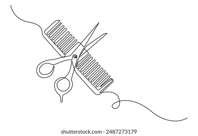 Scissors and comb business icon. Continuous thin line drawing. Vector illustration, Scissor and comb continuous one line drawing vector illustration, One continuous line drawing of comb and scissor.