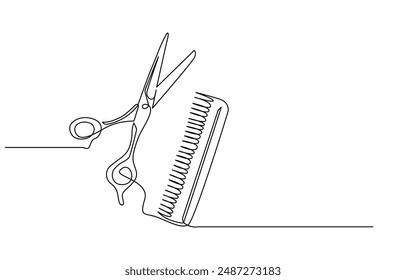 Scissors and comb business icon. Continuous thin line drawing. Vector illustration, Scissor and comb continuous one line drawing vector illustration, One continuous line drawing of comb and scissor.