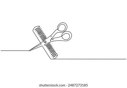 Scissors and comb business icon. Continuous thin line drawing. Vector illustration, Scissor and comb continuous one line drawing vector illustration, One continuous line drawing of comb and scissor.