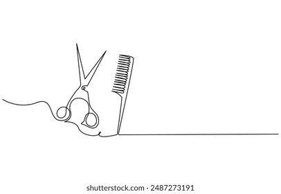 Scissors and comb business icon. Continuous thin line drawing. Vector illustration, Scissor and comb continuous one line drawing vector illustration, One continuous line drawing of comb and scissor.