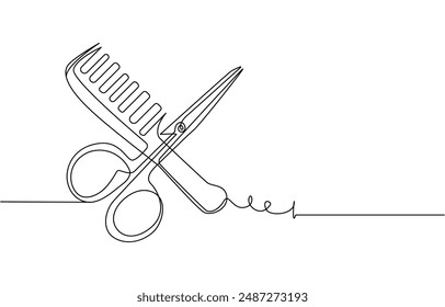 Scissors and comb business icon. Continuous thin line drawing. Vector illustration, Scissor and comb continuous one line drawing vector illustration, One continuous line drawing of comb and scissor.