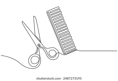 Scissors and comb business icon. Continuous thin line drawing. Vector illustration, Scissor and comb continuous one line drawing vector illustration, One continuous line drawing of comb and scissor.