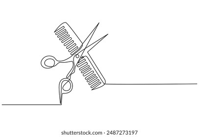 Scissors and comb business icon. Continuous thin line drawing. Vector illustration, Scissor and comb continuous one line drawing vector illustration, One continuous line drawing of comb and scissor.