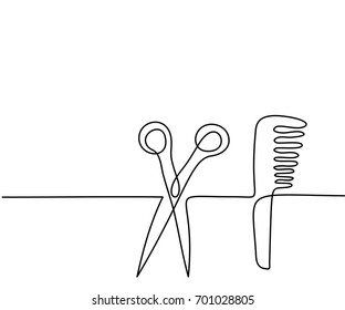 Scissors and comb business icon. Continuous line drawing. Vector illustration