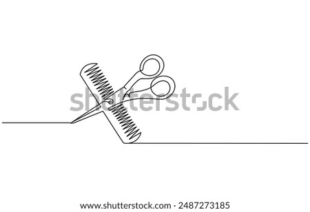 Scissors and comb business icon. Continuous thin line drawing. Vector illustration, Scissor and comb continuous one line drawing vector illustration, One continuous line drawing of comb and scissor.