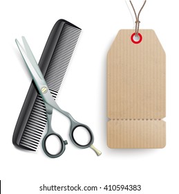Scissors and comb with cart price sticker on the white. Eps 10 vector file. 