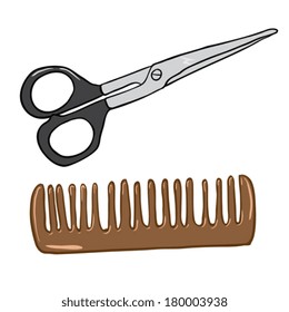 Schere und Comb-Cartoon-Illustration einzeln auf Weiß