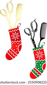 Scissors comb in christmas stocking, holiday beauty salon design