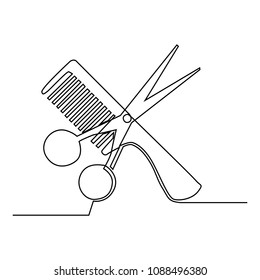 Scissors and a comb crossed are drawn with a single black line on a white background. One-line drawing. Continuous line. Vector Eps10