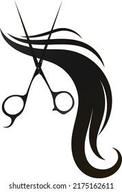 Scissors and comb with a curl of hair. Design for beauty and hair salon