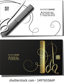 Scissors comb and curl hair golden business card for beauty salon