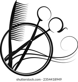 Scissors comb and curl of hair in a round frame. Design for a beauty salon
