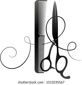 Scissors and comb with curl hair silhouette for beauty salon and hairdresser