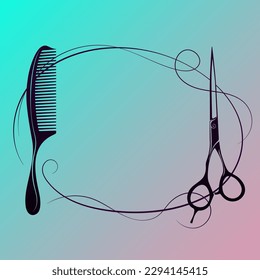 Scissors comb curls hair beautiful oval frame. Design for a beauty salon