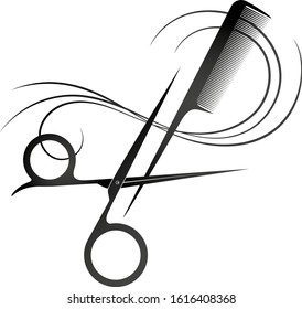 Scissors and comb with curls of hair. Unique silhouette for a beauty salon