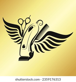 Tijeras peine y clipper eléctrico con alas. Diseño para un salón de belleza