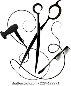 Scissors comb and electric hair dryer. Design for hair stylist and beauty salon