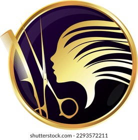 Scissors and comb, face of a beautiful girl. Round badge with golden edge. Hair salon and beauty salon design