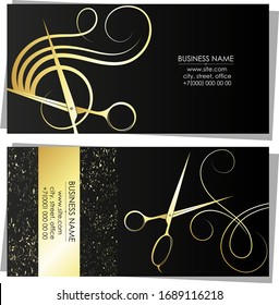 Scissors and comb gold silhouette business card for beauty salon and hairdresser