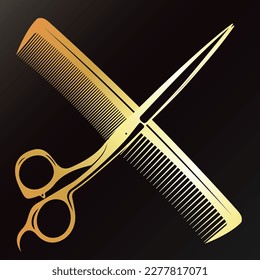 Scissors and comb gold symbol. Sign for stylist and beauty salon