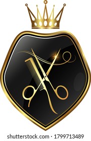 Scissors and comb golden crown symbol for beauty and hair salon