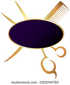 Tijeras de peine y marco oval dorado. Diseño para un salón de belleza