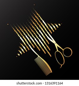 Scissors comb and golden star symbol for beauty salon