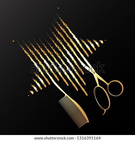 Scissors comb and golden star symbol for beauty salon