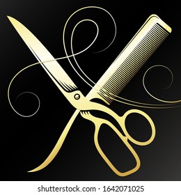 Scissors and comb a golden symbol for the stylist of a beauty salon