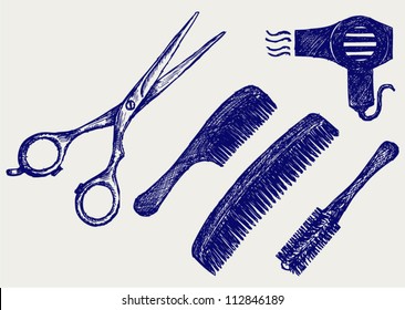 Scissors and Comb for hair. Doodle style