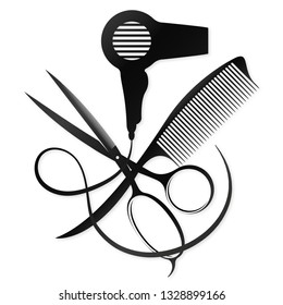 Scissors, comb and hair dryer design for a beauty salon