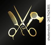 Scissors comb and hair dryer, golden symbol for a beauty salon