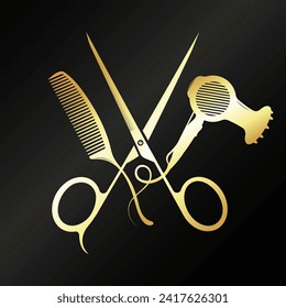 Scissors comb and hair dryer, golden symbol for a beauty salon