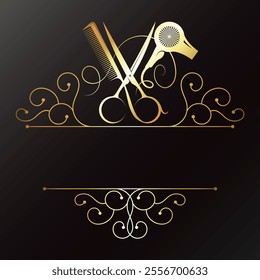 Scissors, comb, hair dryer sign with swirl pattern. Golden symbol signboard frame beauty salon