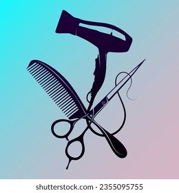 Scissors comb and hair dryer, hair stylist and beauty salon sign