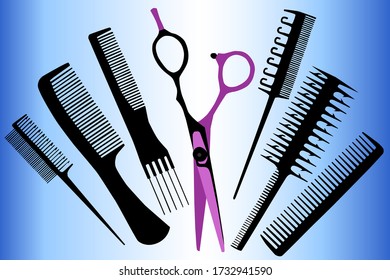 Scissors and comb for hair. Set.  Looped bristle brush, paddle brush, rattail comb. Vector illustration.	