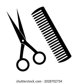 Scissors and comb icon. Barber shop hairstyling equipment symbol isolated on white background. Vector illustration.