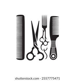 Scissors and comb icon. Barber shop hairstyling equipment symbol isolated on white background. Vector illustration.