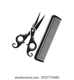 Scissors and comb icon. Barber shop hairstyling equipment symbol isolated on white background. Vector illustration.