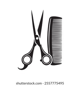 Scissors and comb icon. Barber shop hairstyling equipment symbol isolated on white background. Vector illustration.