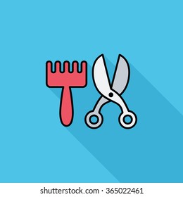 Scissors and comb icon. Flat vector related icon with long shadow for web and mobile applications. It can be used as - logo, pictogram, icon, infographic element. Vector Illustration.