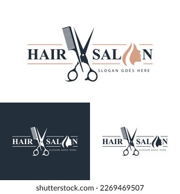 Scissors and comb icon salon logo design template. Hairstyle, beautiful haircut with scissors and woman face vector.