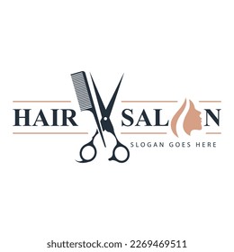 Scissors and comb icon salon logo design template. Hairstyle vector illustration