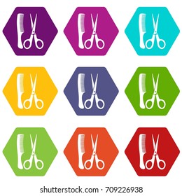 Scissors and comb icon set many color hexahedron isolated on white vector illustration