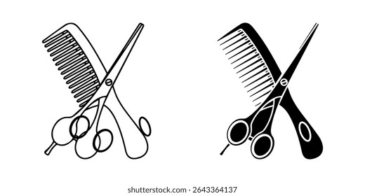  scissors, comb icon white on background