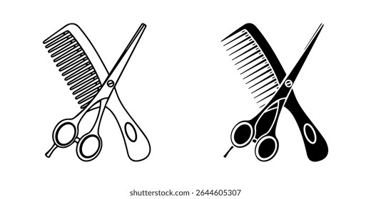  scissors, comb icon white on background