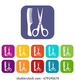 Scissors and comb icons set vector illustration in flat style In colors red, blue, green and other