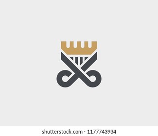 Scissors Comb Logotype. Crown Hair Shield Vector Logo. 